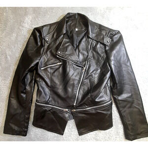 New Light Women's Black Biker M Jacket Faux Leather Zipper Studs Panel Moto